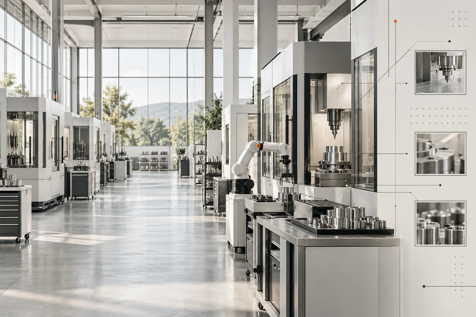 Illustrative modern precision-manufacturing facility with clean CNC machines and a subtle data overlay